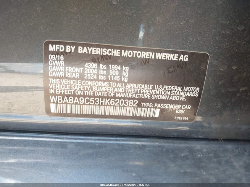 2017 BMW 3er VIN WBA8A9C53HK620382 IAAI salvage auction — WATER/FLOOD, Salvage Title, sold $775 on 2026-08-20 (photo 9)