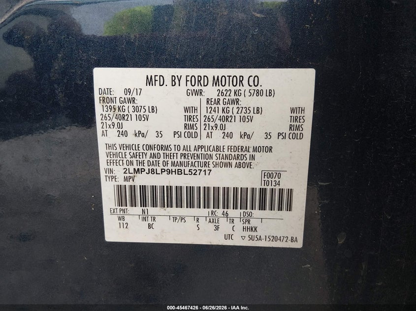 2017 Lincoln Mkx VIN 2LMPJ8LP9HBL52717 IAAI salvage auction — FRONT END, Salvage Title, sold $4,100 on 2026-07-09 (photo 9)