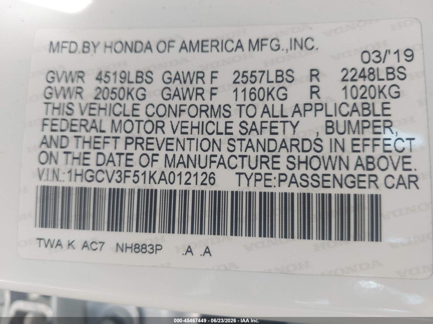 2019 Honda VIN 1HGCV3F51KA012126 IAAI salvage auction — RIGHT FRONT, Salvage (California), sold $3,150 on 2026-07-09 (photo 9)