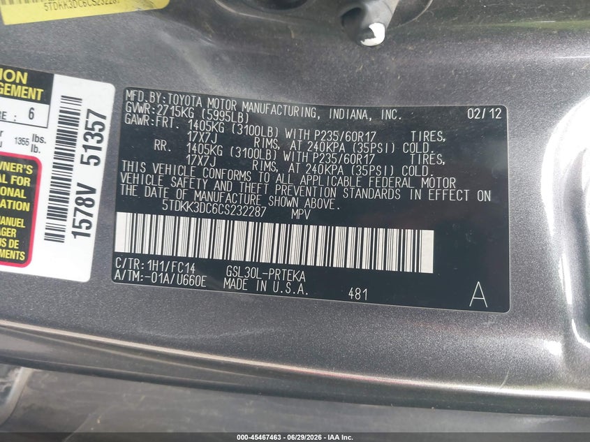 2012 Toyota Sienna VIN 5TDKK3DC6CS232287 IAAI salvage auction — NORMAL WEAR, Salvage Title - Dealer (California), sold $1,000 on 2026-07-14 (photo 9)