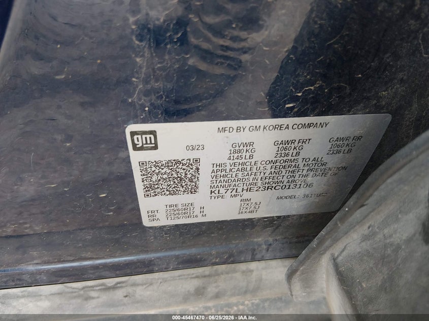 2024 Chevrolet Trax VIN KL77LHE23RC013106 IAAI salvage auction — ROLLOVER, Junk (Oklahoma), sold $25 on 2026-07-29 (photo 9)