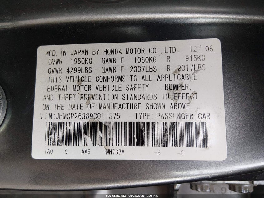 2009 Honda Accord VIN JHMCP26389C011375 IAAI salvage auction — RIGHT SIDE, Salvage (Utah), sold $1,050 on 2026-07-23 (photo 9)