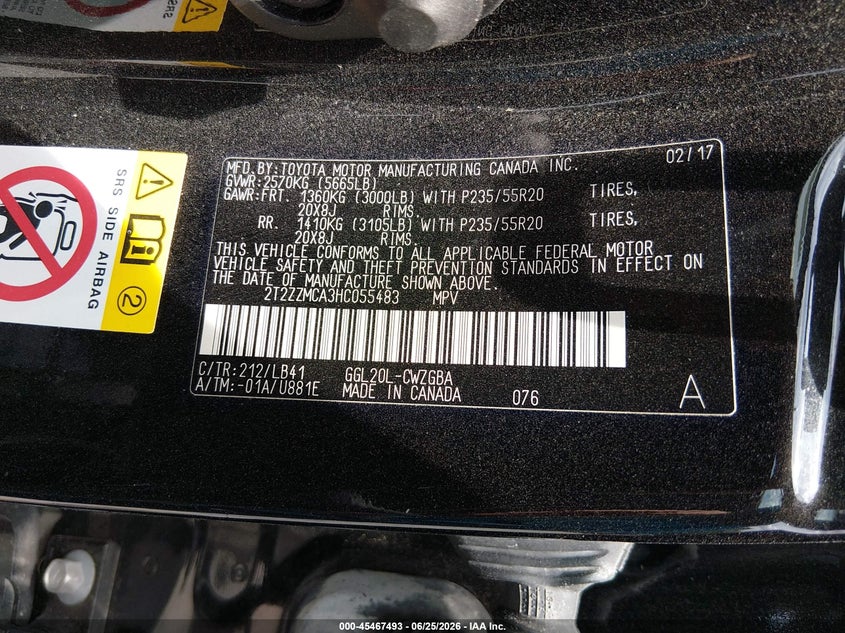 2017 Lexus Rx VIN 2T2ZZMCA3HC055483 IAAI salvage auction — LEFT FRONT, Salvage (South Carolina), sold $9,700 on 2026-07-31 (photo 9)