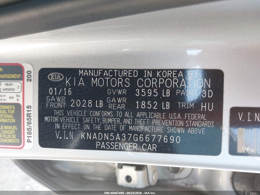 2016 Kia Rio VIN KNADN5A37G6677690 IAAI salvage auction — UNKNOWN, Salvage Title - Dealer (California), sold $800 on 2026-07-15 (photo 9)