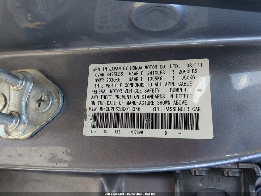 2011 Acura Tsx VIN JH4CU2F62BC018346 IAAI salvage auction — FRONT END, Clear (Tennessee), sold $2,250 on 2026-07-16 (photo 9)