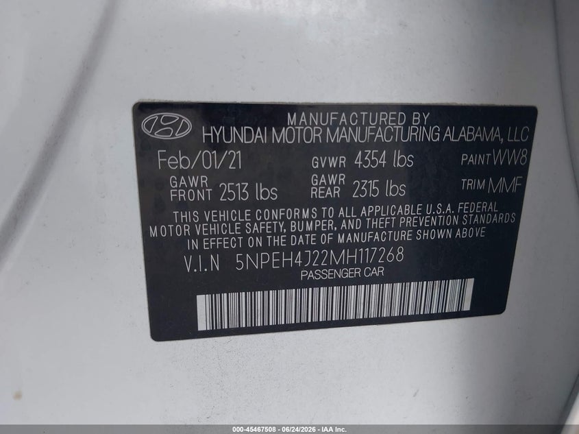 2021 Hyundai Sonata VIN 5NPEH4J22MH117268 IAAI salvage auction — FRONT END, Certificate Of Destruction (Florida), sold $7,100 on 2026-07-28 (photo 9)
