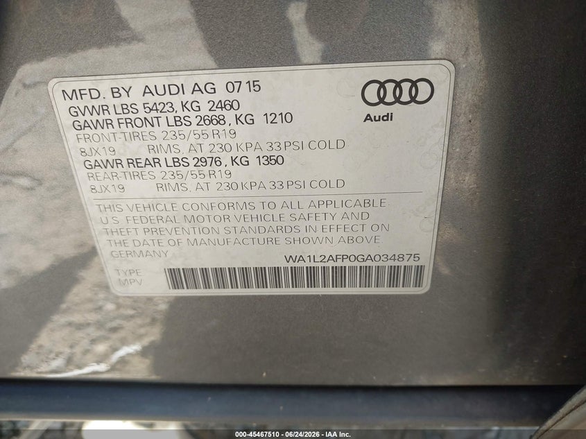 2016 Audi Q5 VIN WA1L2AFP0GA034875 IAAI salvage auction — FRONT END, Salvage (North Carolina), sold $1,650 on 2026-07-20 (photo 9)