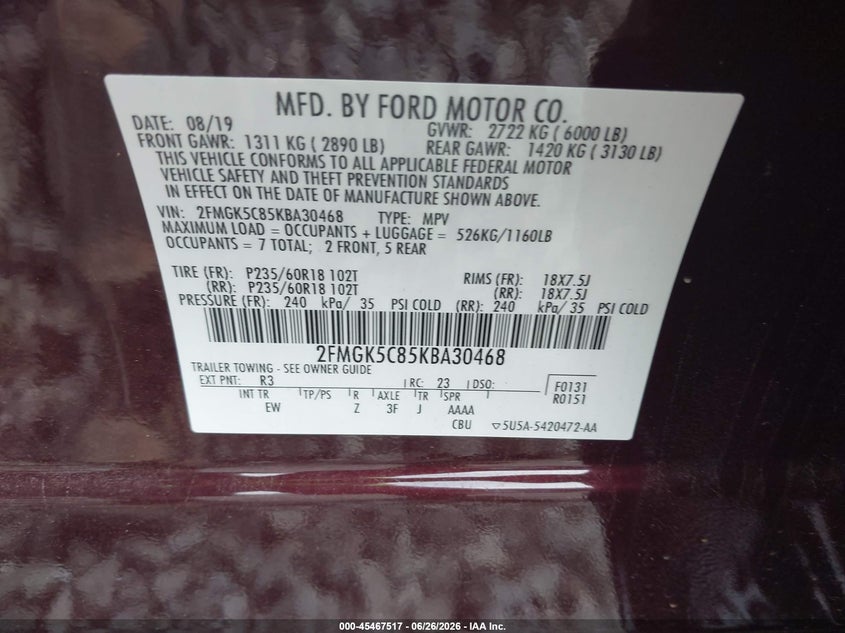 2019 Ford Flex VIN 2FMGK5C85KBA30468 IAAI salvage auction — FRONT END, Salvage (Tennessee), sold $1,850 on 2026-07-09 (photo 9)