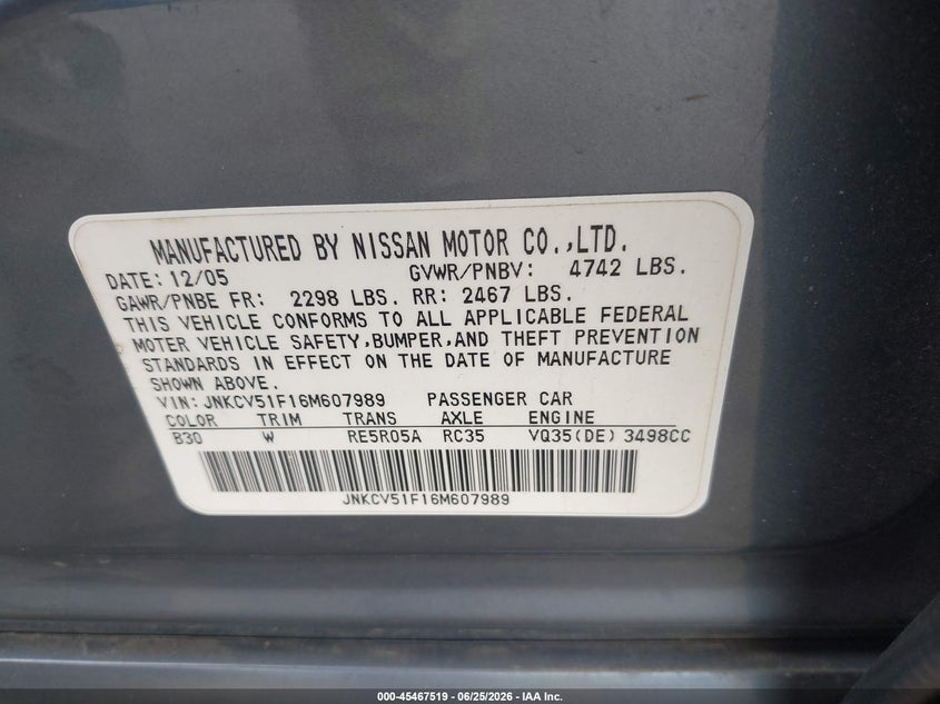 2006 Infiniti G VIN JNKCV51F16M607989 IAAI salvage auction — NORMAL WEAR, Clear (Virginia), sold $275 on 2026-07-29 (photo 9)