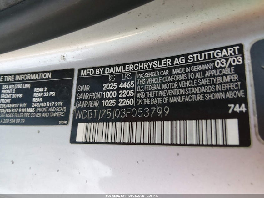 2003 Mercedes-benz Clk-class VIN WDBTJ75J03F053799 IAAI salvage auction — NORMAL WEAR, Original (West Virginia), sold $125 on 2026-07-15 (photo 9)