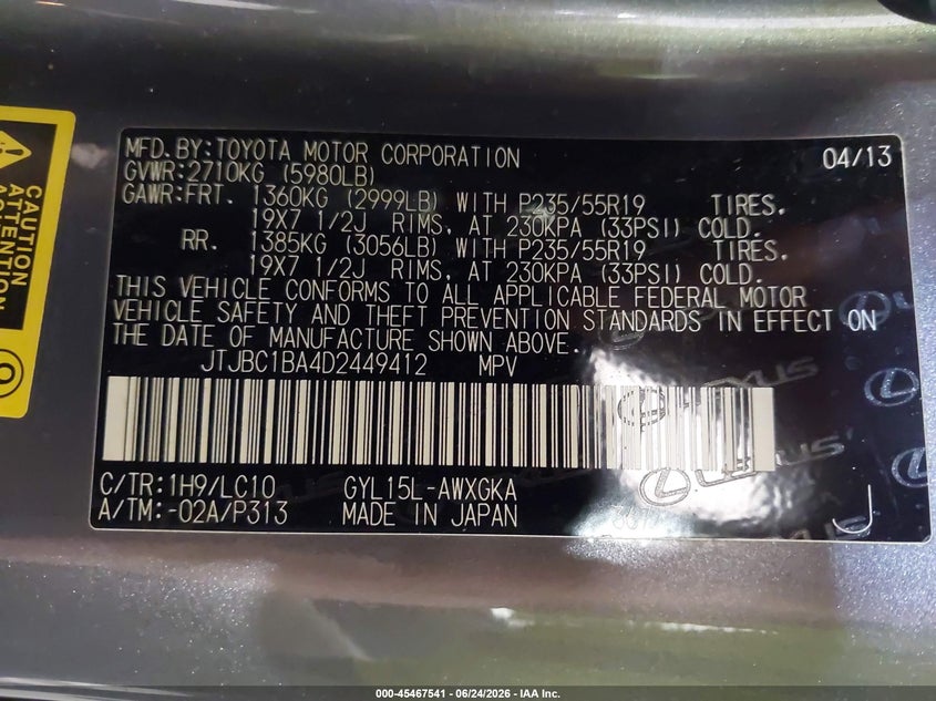 2013 Lexus VIN JTJBC1BA4D2449412 IAAI salvage auction — FRONT END, Salvage Title, sold $1,600 on 2026-07-29 (photo 9)