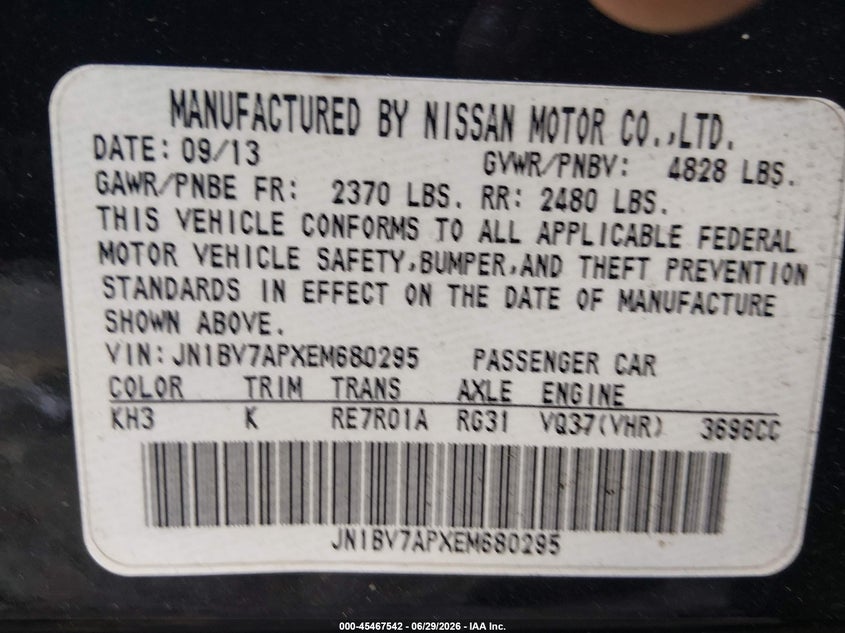 2014 Infiniti Q50 VIN JN1BV7APXEM680295 IAAI salvage auction — EXTERIOR BURN, Salvage (South Carolina), sold $600 on 2026-07-29 (photo 9)