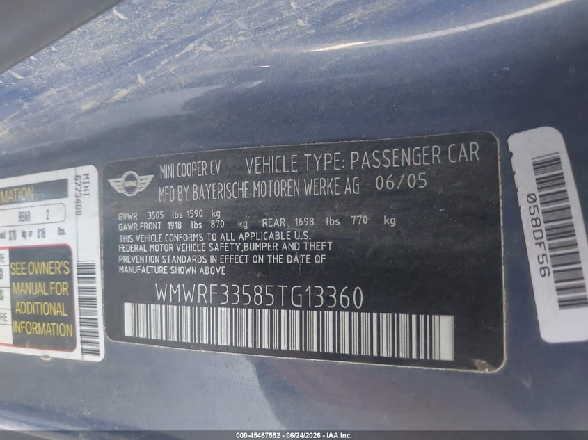 2005 Mini Cooper VIN WMWRF33585TG13360 IAAI salvage auction — REAR END, Salvage (California), sold $1,050 on 2026-07-14 (photo 9)