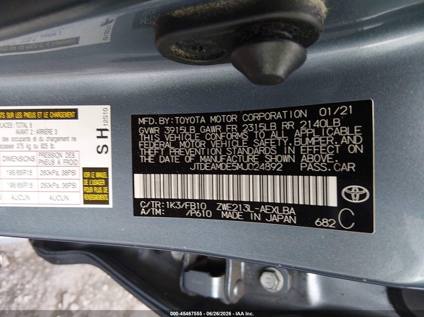 2021 Toyota Corolla VIN JTDEAMDE5MJ024892 IAAI salvage auction — FRONT END, Salvage Certificate (California), sold $2,100 on 2026-07-10 (photo 9)