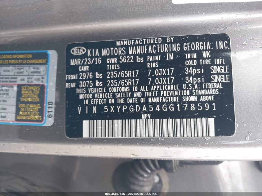 2016 Kia Sorento VIN 5XYPGDA54GG178591 IAAI salvage auction — UNKNOWN, Clear (Pennsylvania), sold $1,500 on 2026-07-10 (photo 9)