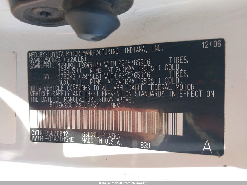 2007 Toyota Sienna VIN 5TDZK23C17S001751 IAAI salvage auction — FRONT END, Salvage (California), sold $375 on 2026-07-21 (photo 9)