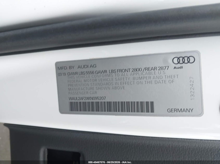 2019 Audi A6 VIN WAUL2AF2XKN095207 IAAI salvage auction — REAR END, Salvage Title, sold $7,675 on 2026-07-31 (photo 9)