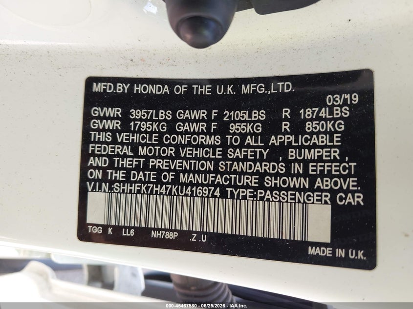 2019 Honda Civic VIN SHHFK7H47KU416974 IAAI salvage auction — LEFT REAR, Salvage Title, sold $3,650 on 2026-07-21 (photo 9)