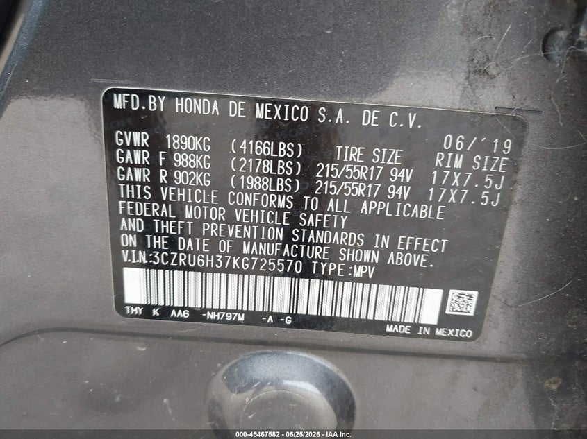2019 Honda Hr-v VIN 3CZRU6H37KG725570 IAAI salvage auction — SIDE, Salvage (Pennsylvania), sold $4,000 on 2026-07-21 (photo 9)
