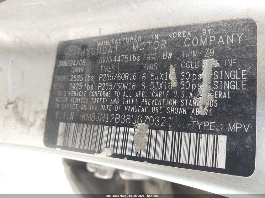 2008 Hyundai Tucson VIN KM8JN12B38U870321 IAAI salvage auction — RIGHT FRONT, Junk Bill Of Sale Mv2459 (Wisconsin), sold $325 on 2026-07-14 (photo 9)