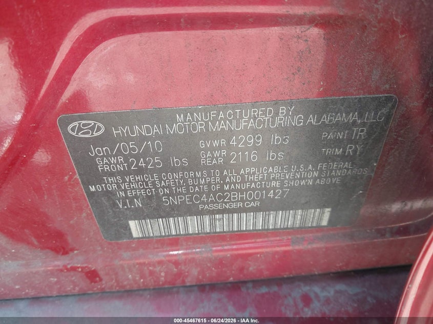 2011 Hyundai Sonata VIN 5NPEC4AC2BH001427 IAAI salvage auction — RIGHT FRONT, Salvage (Pennsylvania), sold $350 on 2026-07-28 (photo 9)