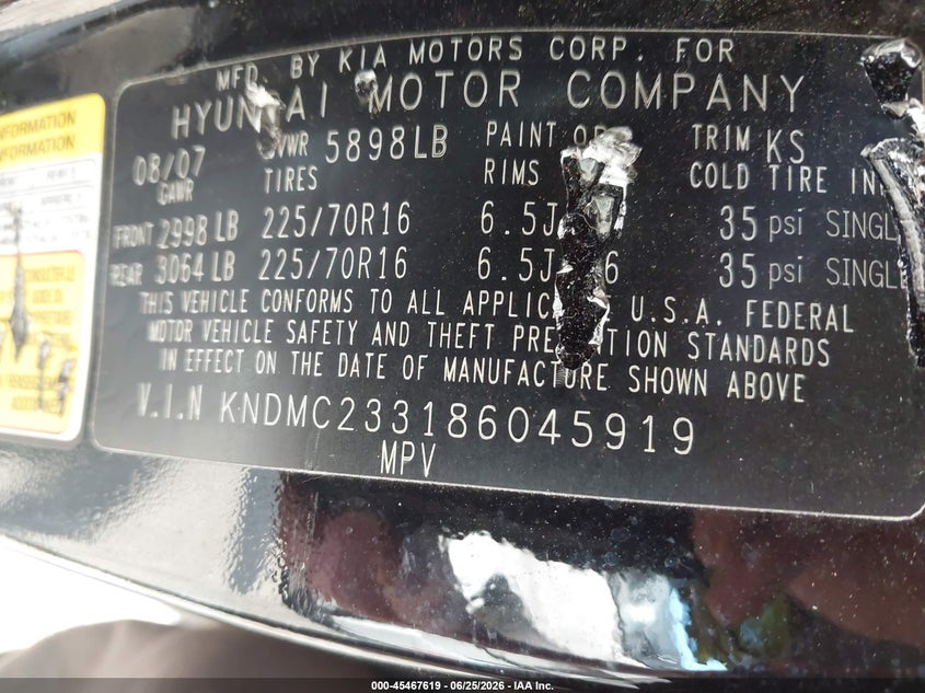 2008 Hyundai Entourage VIN KNDMC233186045919 IAAI salvage auction — NORMAL WEAR, Clear (New Jersey), sold $875 on 2026-07-08 (photo 9)