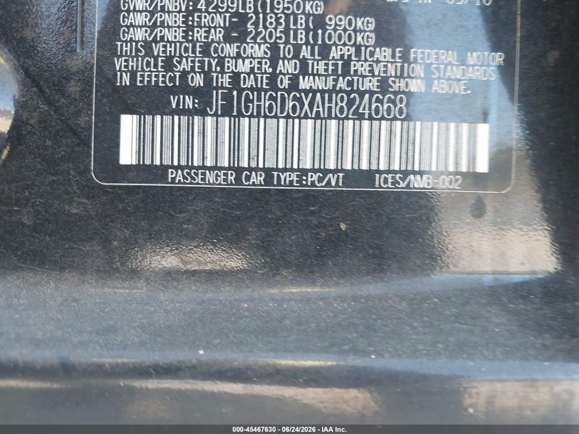 2010 Subaru Impreza VIN JF1GH6D6XAH824668 IAAI salvage auction — NORMAL WEAR, Clear - Dealer Only (California), sold $1,025 on 2026-07-06 (photo 9)