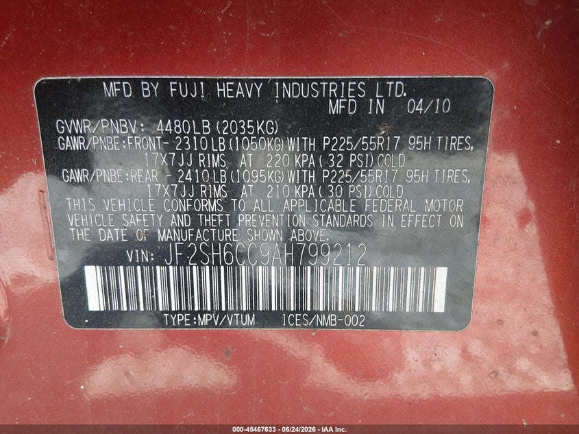 2010 Subaru Forester VIN JF2SH6CC9AH799212 IAAI salvage auction — NORMAL WEAR, Original (West Virginia), sold $300 on 2026-07-29 (photo 9)