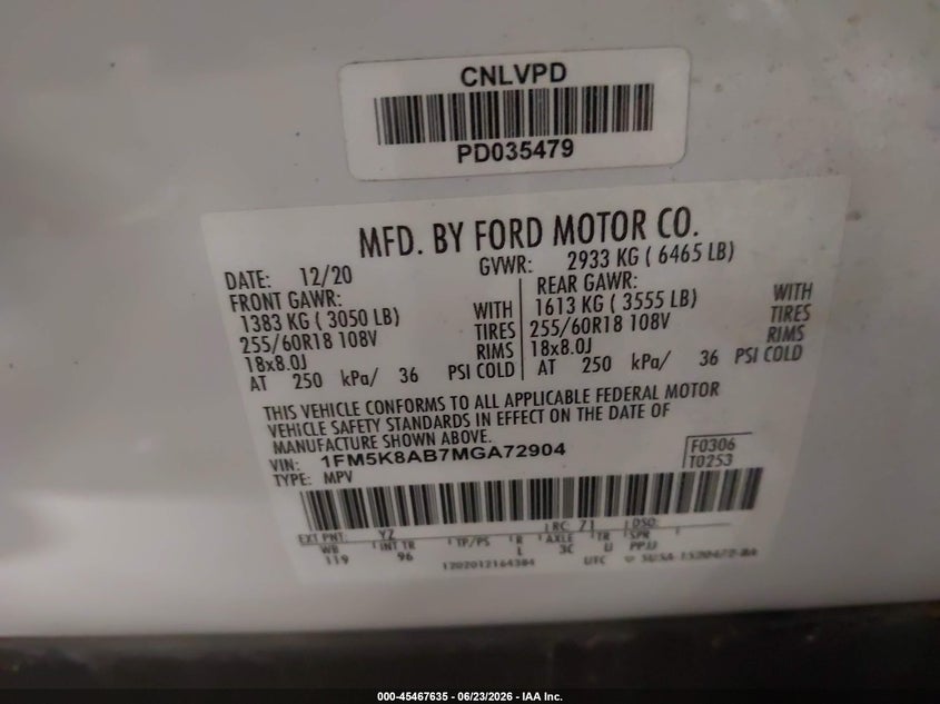 2021 Ford Police interceptor utility VIN 1FM5K8AB7MGA72904 IAAI salvage auction — FRONT END, Salvage (Nevada), sold $2,900 on 2026-07-09 (photo 9)
