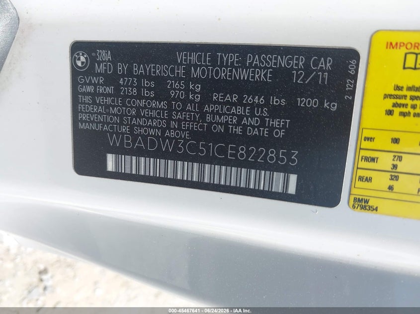 2012 BMW 3er VIN WBADW3C51CE822853 IAAI salvage auction — FRONT END, Salvage Title, sold $1,150 on 2026-08-11 (photo 9)