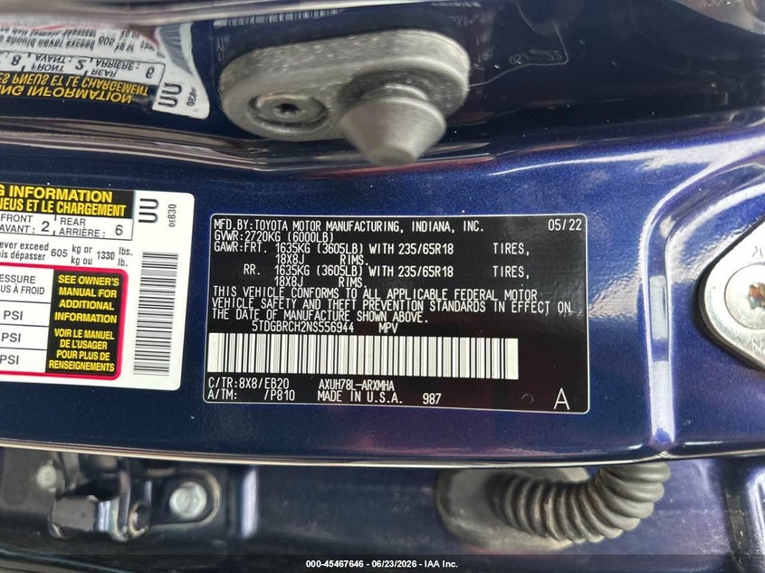 2022 Toyota Highlander VIN 5TDGBRCH2NS556944 IAAI salvage auction — NORMAL WEAR, Original (New Hampshire), sold $20,000 on 2026-07-22 (photo 9)
