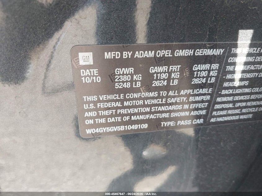 2011 Buick Regal VIN W04GY5GV5B1049109 IAAI salvage auction — FRONT END, Salvage (Ohio), sold $25 on 2026-07-28 (photo 9)