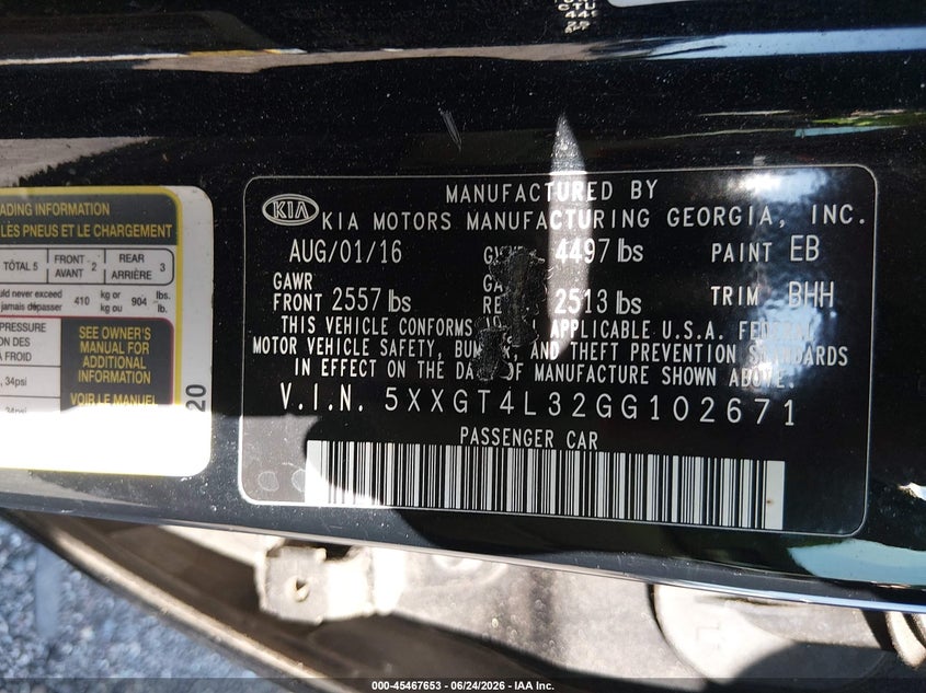2016 Kia Optima VIN 5XXGT4L32GG102671 IAAI salvage auction — REAR END, Rebuildable (Florida), sold $925 on 2026-07-07 (photo 9)