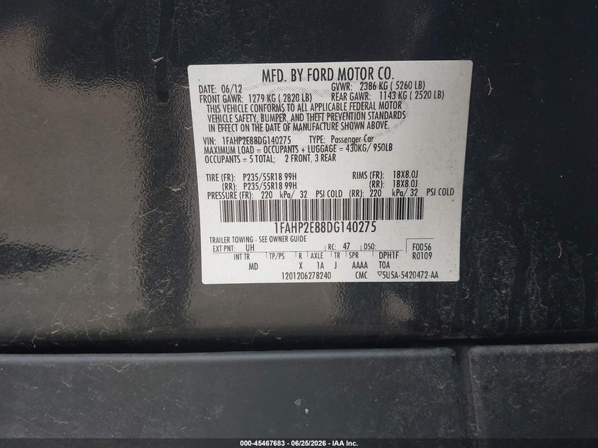2013 Ford Taurus VIN 1FAHP2E88DG140275 IAAI salvage auction — FRONT END, Salvage Title, sold $625 on 2026-07-22 (photo 9)
