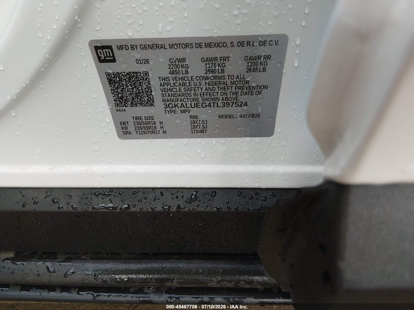 2026 Gmc Terrain VIN 3GKALUEG4TL397524 IAAI salvage auction — HAIL, Clear (Kansas), sold $18,800 on 2026-09-18 (photo 9)
