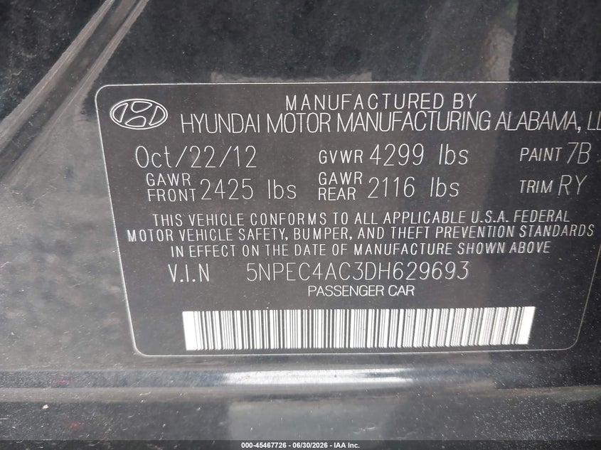 2013 Hyundai Sonata VIN 5NPEC4AC3DH629693 IAAI salvage auction — LEFT FRONT, Salvage (Pennsylvania), sold $450 on 2026-07-14 (photo 9)