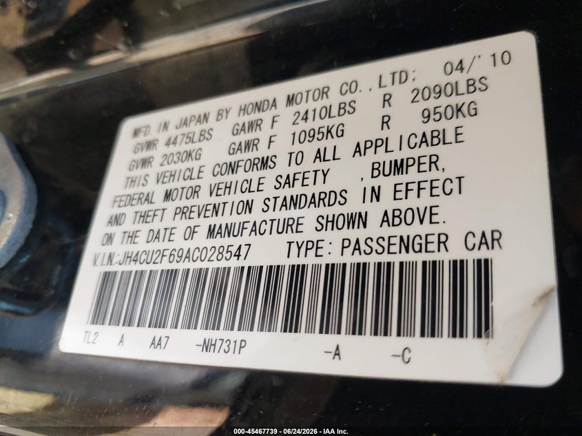2010 Acura Tsx VIN JH4CU2F69AC028547 IAAI salvage auction — NORMAL WEAR, Clear (Maryland), sold $1,075 on 2026-07-13 (photo 9)