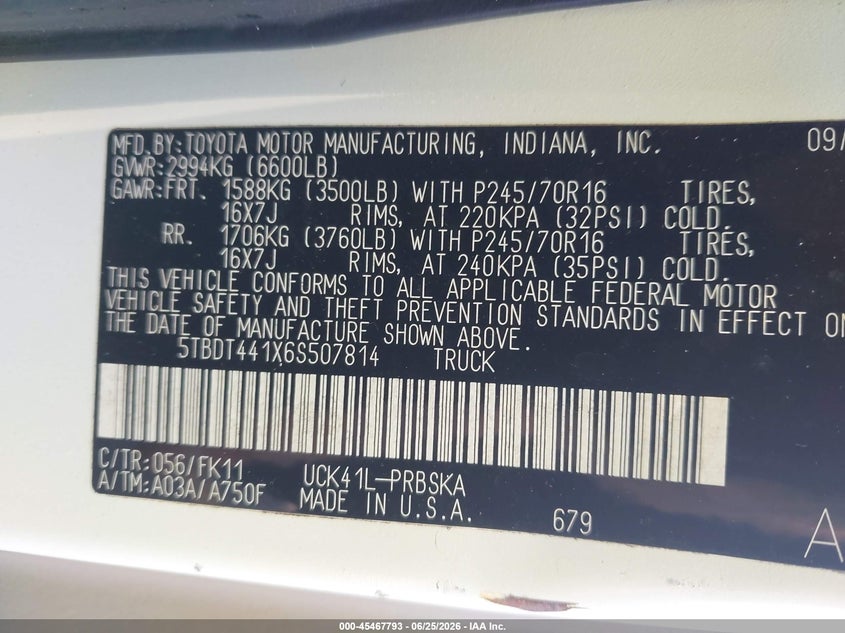 2006 Toyota Tundra VIN 5TBDT441X6S507814 IAAI salvage auction — STORM DAMAGE, Salvage (South Carolina), sold $2,100 on 2026-07-22 (photo 9)