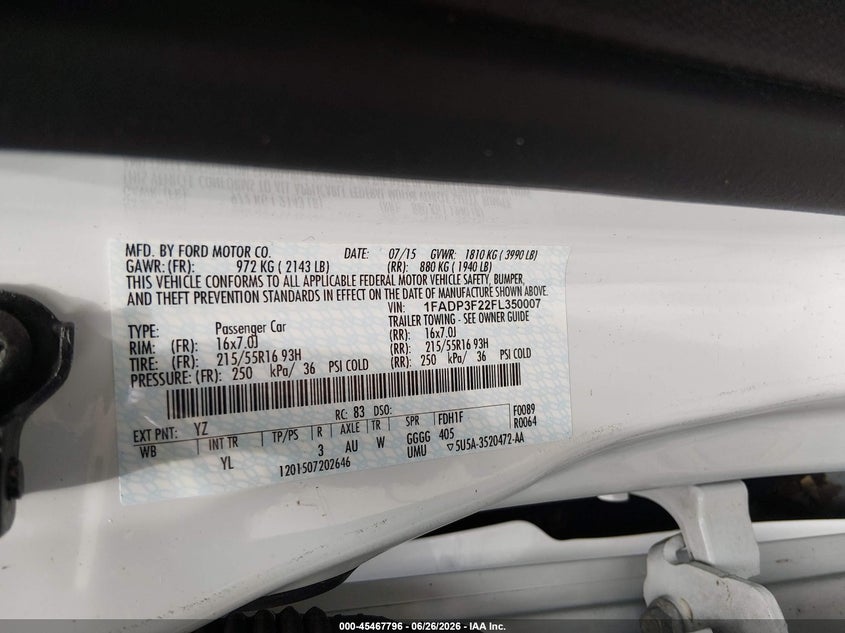2015 Ford Focus VIN 1FADP3F22FL350007 IAAI salvage auction — REAR END, Salvage (Ohio), sold $800 on 2026-07-10 (photo 9)