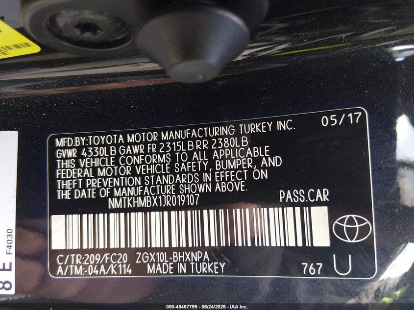 2018 Toyota C-hr VIN NMTKHMBX1JR019107 IAAI salvage auction — REAR END, Salvage Title, sold $4,400 on 2026-07-31 (photo 9)