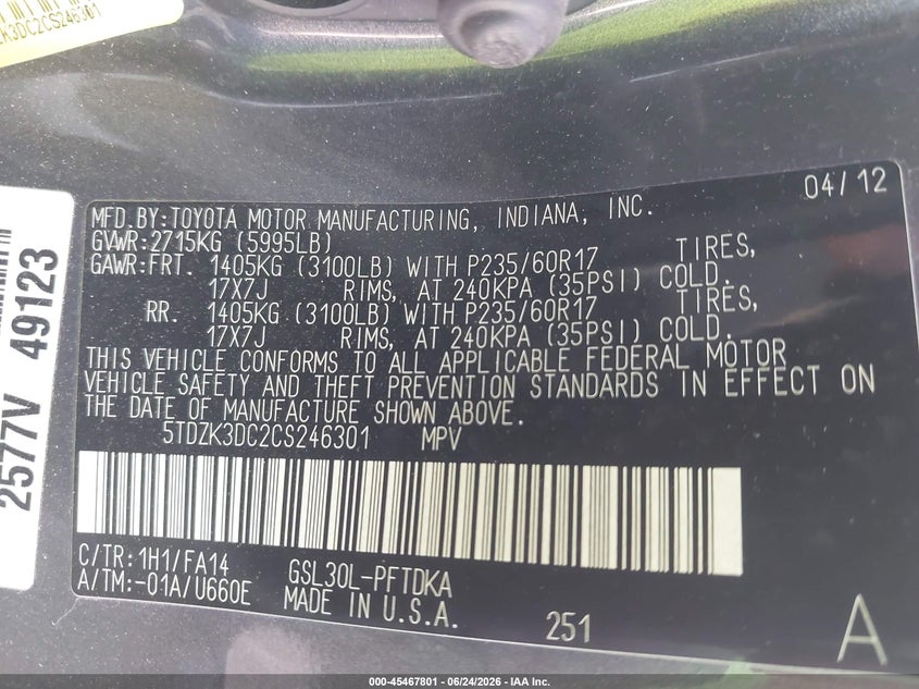 2012 Toyota Sienna VIN 5TDZK3DC2CS246301 IAAI salvage auction — SIDE, Bill Of Sale (Washington), sold $1,400 on 2026-07-21 (photo 9)