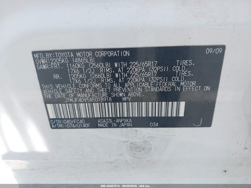 2010 Toyota Rav4 VIN JTMJF4DV5A5018918 IAAI salvage auction — UNKNOWN, Mv-907A (New York), sold $1,900 on 2026-07-16 (photo 9)