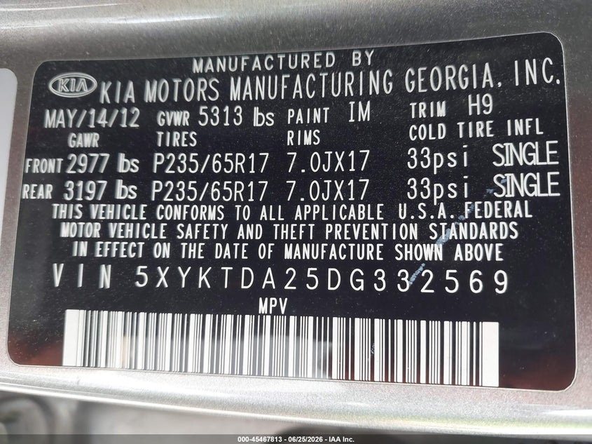 2013 Kia Sorento VIN 5XYKTDA25DG332569 IAAI salvage auction — SIDE, Salvage (California), sold $1,425 on 2026-07-07 (photo 9)