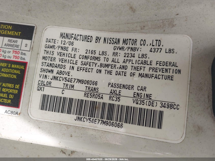2007 Infiniti G35 VIN JNKCV54E77M906066 IAAI salvage auction — NORMAL WEAR, Clear (Virginia), sold $550 on 2026-08-01 (photo 9)