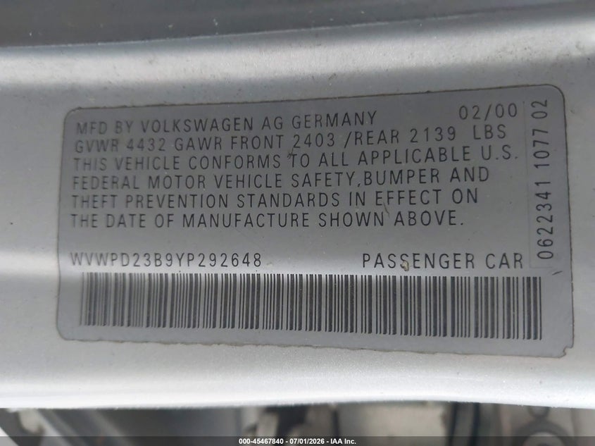 2000 Volkswagen Passat VIN WVWPD23B9YP292648 IAAI salvage auction — NORMAL WEAR, Clear (Pennsylvania), sold $225 on 2026-07-08 (photo 9)