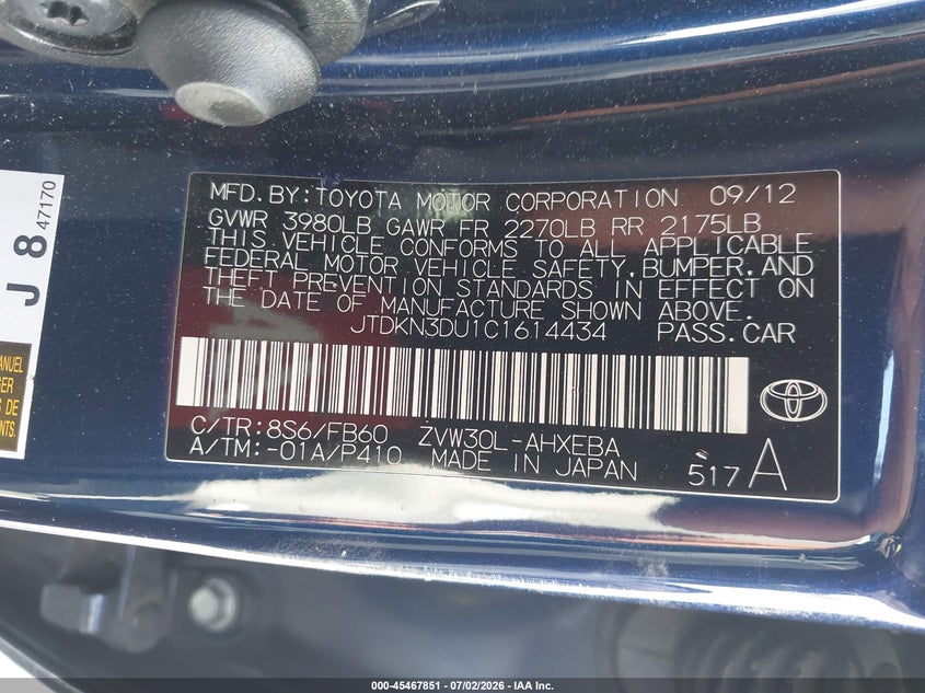 2012 Toyota Prius VIN JTDKN3DU1C1614434 IAAI salvage auction — THEFT, Salvage (California), sold $1,650 on 2026-07-09 (photo 9)