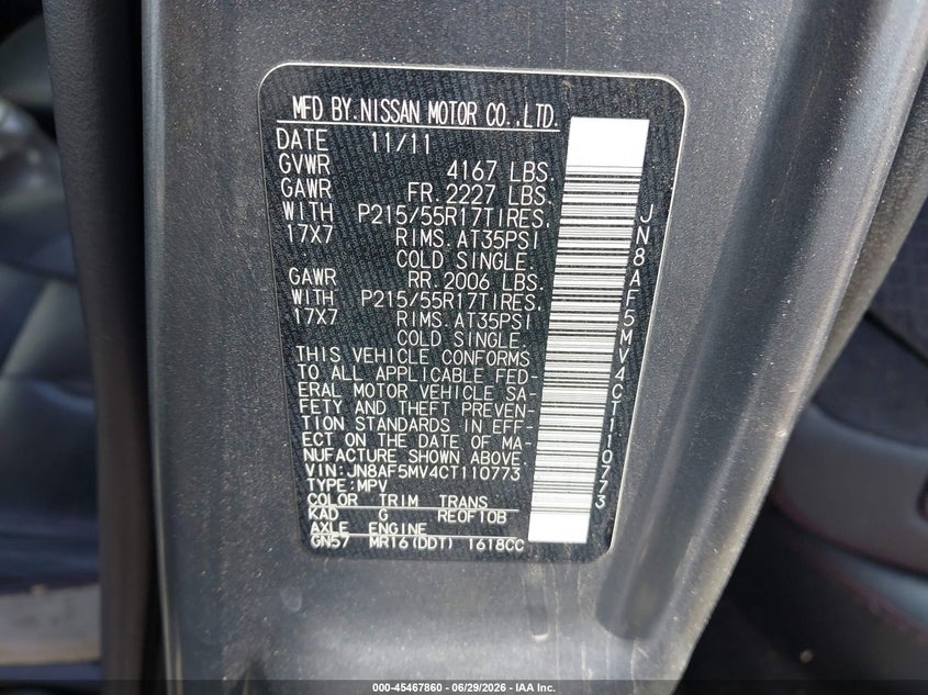 2012 Nissan Juke VIN JN8AF5MV4CT110773 IAAI salvage auction — LEFT SIDE, Salvage (California), sold $450 on 2026-07-09 (photo 9)
