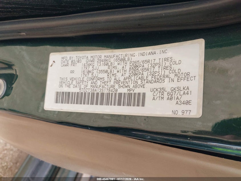 2003 Toyota Sequoia VIN 5TDZT38A13S178420 IAAI salvage auction — LEFT FRONT, Clear (Texas), sold $25 on 2026-07-30 (photo 9)