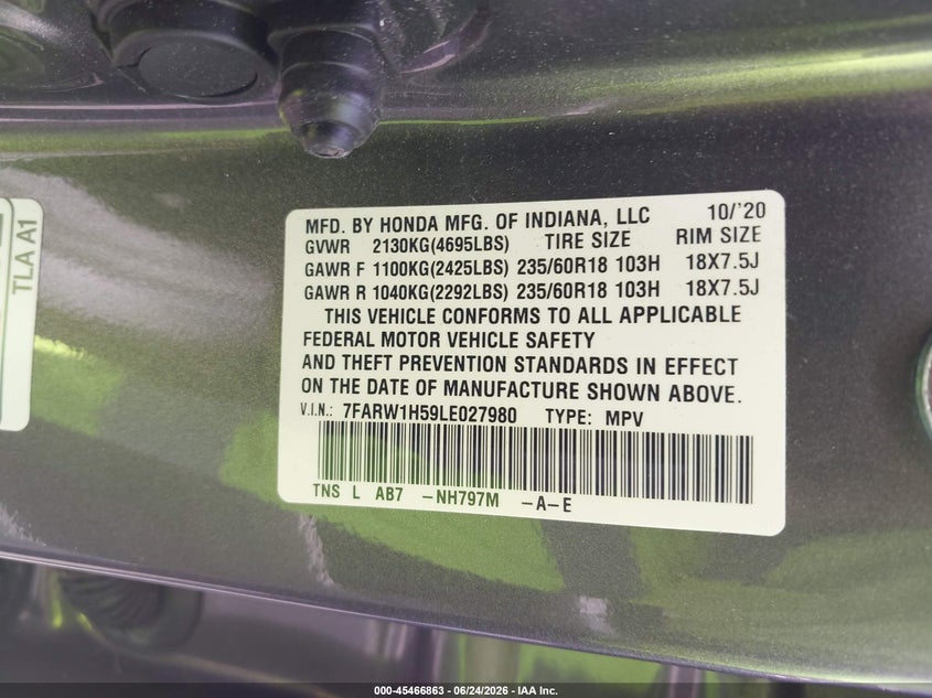 2020 Honda Cr-v VIN 7FARW1H59LE027980 IAAI salvage auction — LEFT SIDE, Rebuildable (Florida), sold $7,800 on 2026-07-30 (photo 9)