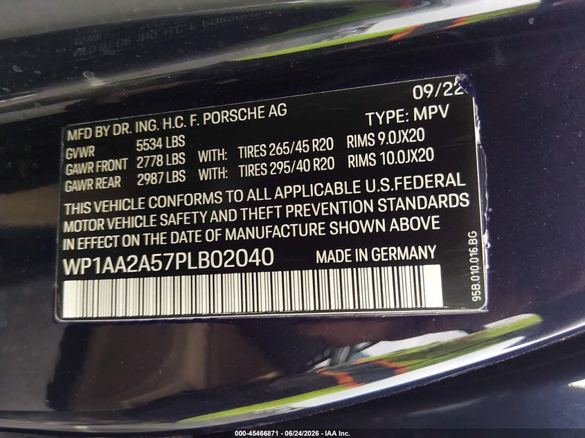 2023 Porsche Macan VIN WP1AA2A57PLB02040 IAAI salvage auction — FRONT END, Wait Title, sold $15,600 on 2026-10-05 (photo 9)